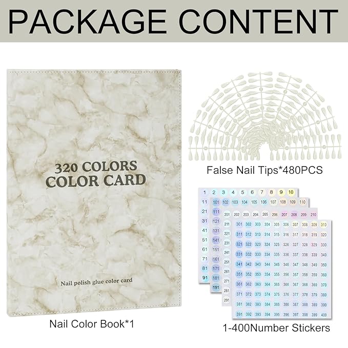 320 Nail Color Chart Book,Leather Nail Color Display Book with 480 Nail Tips & 1-400 Number Labels,Professional Nail Color Chart Display Book for Nail Polish Nails Art Design(Grey)