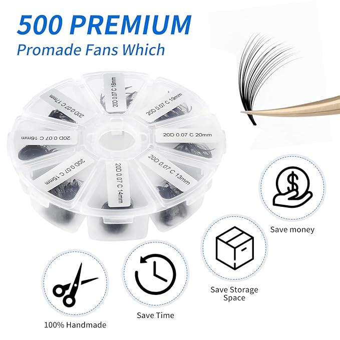 Premade Fans Short Stem 500 PCS 20D Eyelash Extensions 0.07mm C/D Curl 9-16mm Mixed WENDY LASHES Russian Volume Pre-made Lash Extension (500PCS-20D-0.07-D, 9-16mm mixed)
