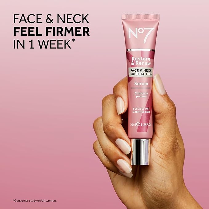 No7 Restore & Renew Face & Neck Multi-Action Serum - Collagen Peptide Anti-Aging Facial Treatment - Hyaluronic Acid Hydrating + Pro Retinol Skin Firming Hibiscus Peptides (2 Pack, 1.69 Fl Oz Each)