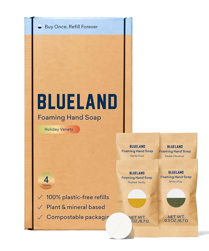 BLUELAND Foaming Hand Soap Refill Tablets, 4-Pack, Holiday Scents, Eco Friendly Cleaning Products, 4 x 9 Fl oz