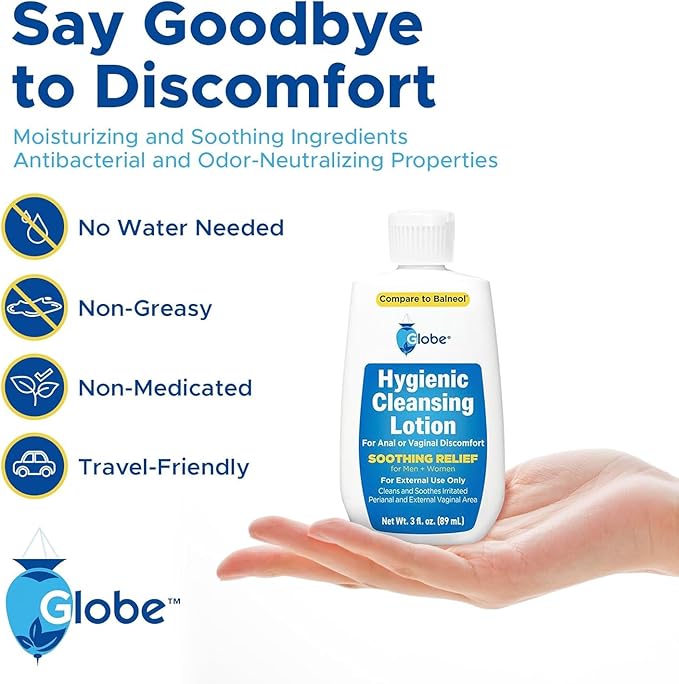 Globe (3 Pack Hygienic Cleansing Lotion for Men and Women -Discomfort, Pain & Itch Relief for Sensitive Areas, Cooling, Non-Irritating Gentle Personal Care Cleanser, Convenient for Travel, 3oz Bottle