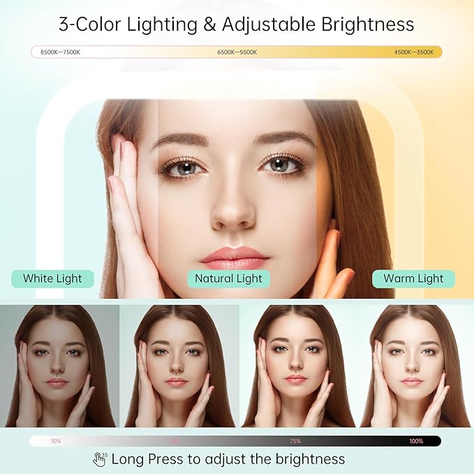 FASCINATE 10X Magnification Rechargeable Travel Makeup Mirror, Lighted Portable Vanity Mirror with 3 Colors Lighting & Stepless Dimming, Double Sided LED Mirror, Gift for Women (Black)