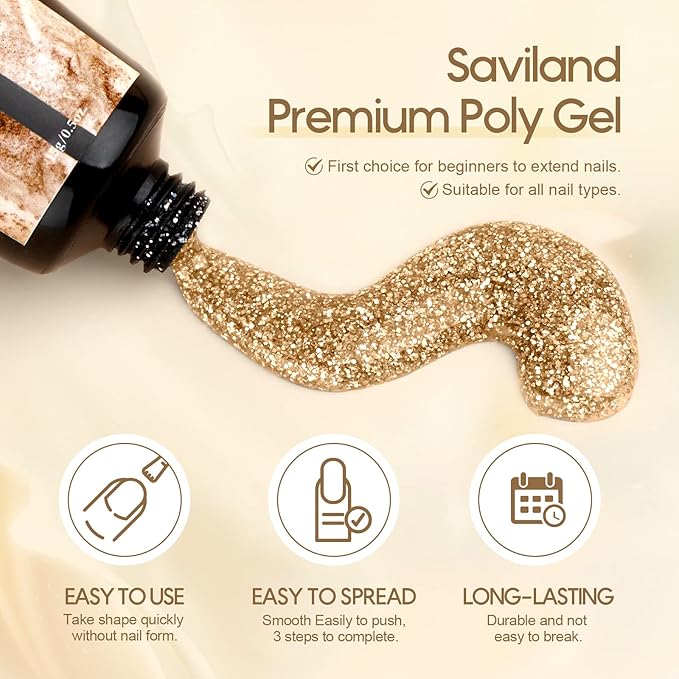 Saviland Poly Nail Gel Kit 7 Colors Glitter Red Nudes Poly Nail Extension Gel Kit Builder Nail Gel Poly Gel Nail Enhancement Manicure Kit for Professional and Starter