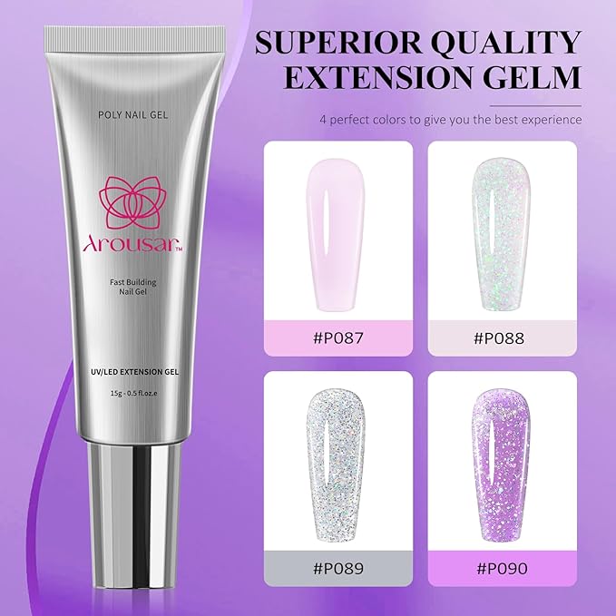 Poly Nail Gel Kit, 15ml*4pcs Nail Extension Gel, Soft Pink Glitter Builder Nail Gel with Top and Base Coat, Slip Solution, Nail Lamp&Drill DIY Salon at Home for Beginner and Professional