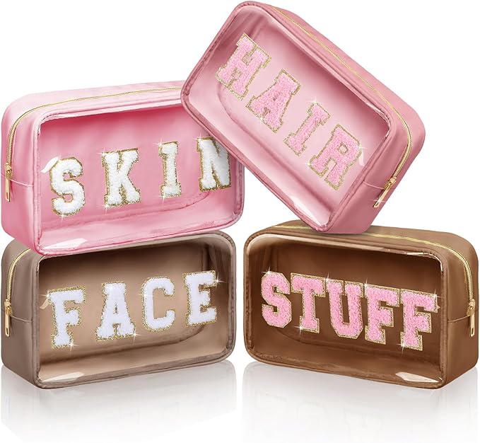 Pinkunn 4 Pcs Preppy Makeup Bags Christmas Chenille Letter Bag Face Skin Hair Stuff Cosmetic Bag Corduroy Makeup Pouch with Zipper Birthday Gifts for Women(Pink)