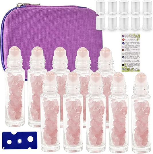 Essential Oil Roller Bottle 10ml w EVA Carrying Travel Case（Clear Glass Bottle with silver Cap、10pack、Gemstone Roller Balls、Healing Crystal Chips Inside、Opener)Gemstone Roller Ball Bottles