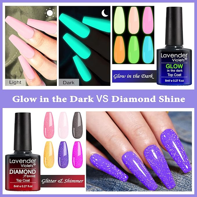 Lavender Violets 42 Pcs Gel Nail Polish Kit Set with 36 Colors Coat, 6 Bottles of Base top Coat, Glossy Matte Diamond Shine Glow in the Dark Top Coat for Nail Art C951