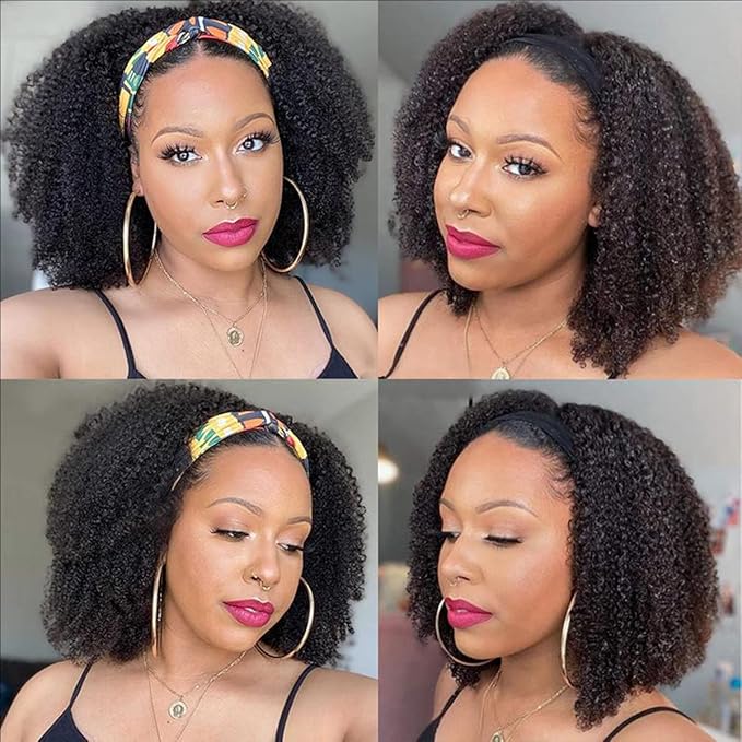 ISEE Wear and Go Mongolian Afro Kinky Curly Headband Wig Human Hair 200% Density Afro Wigs for Black Women Human Hair Natural Curls Grade 10A Glueless Human Hair Wigs (18 Inch)
