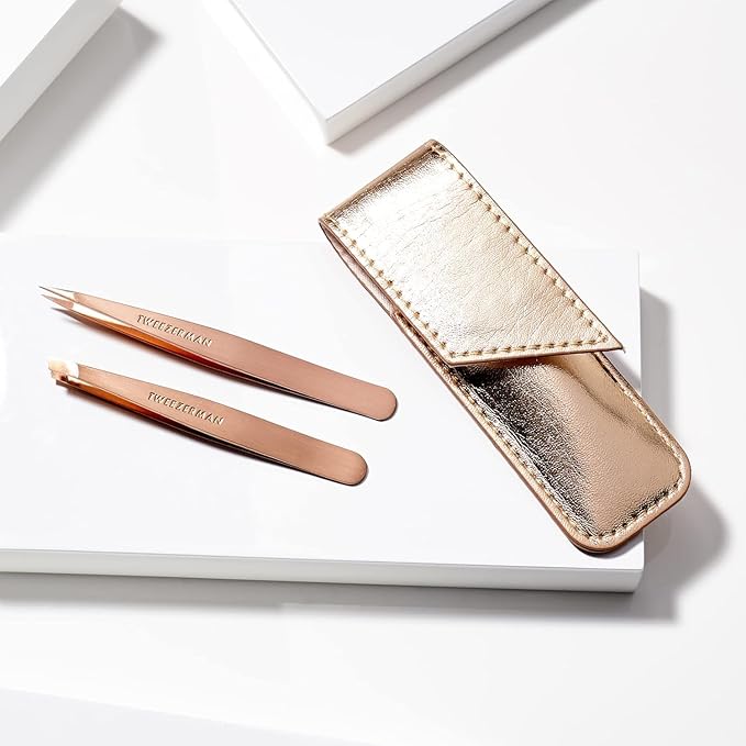 Tweezerman Rose Gold Petite Point and Slant Tweezer Set with Travel Case