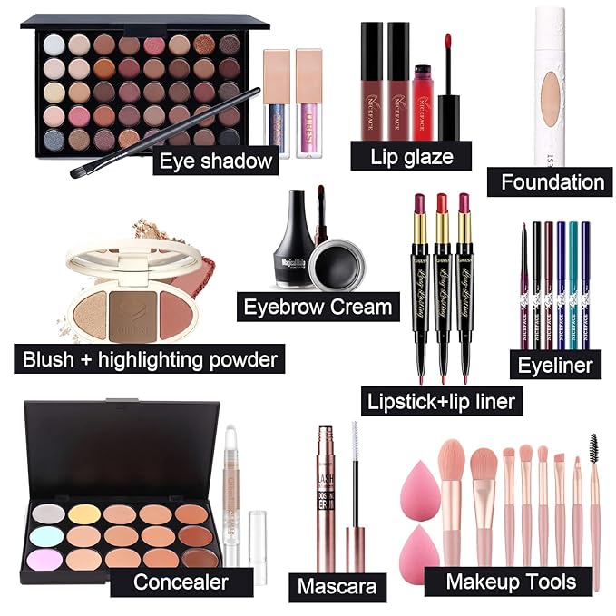 All-in-one Holiday Make up Gift Set | Makeup Kit for Women Full Kit Essential Starter Bundle Include Eyeshadow Palette Lipstick Blush Foundation Concealer Face Powder Mascara Lipgloss Brush