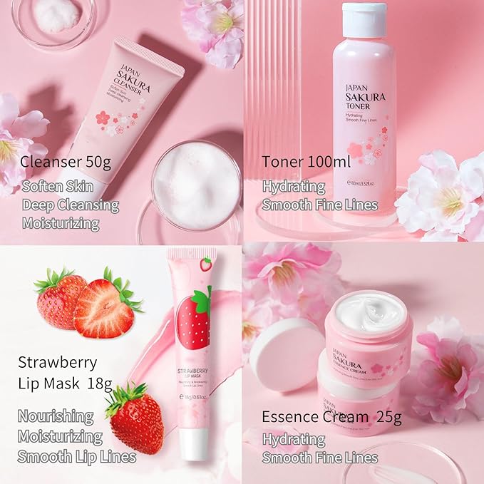 Cherry Blossom Skincare Set Mother's Day Gifts - Skin Care Set Hydrating - Skincare for Girls 10-12 Moisturizing - Travel Kit with Cleanser,Toner,Lip Mask,Cream(One Size, Cherry Blossom 6PCS Scent)