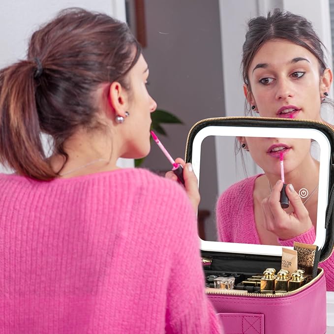 Makeup Travel Train Case with Mirror LED Light 3 Adjustable Brightness Cosmetic Bag Portable Storage Adjustable Partition Waterproof Makeup Brushes Makeup Jewelry Gift for Women