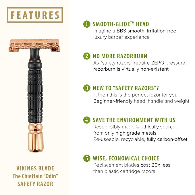 VIKINGS BLADE Double Edge Safety Razor for Men + 5 Swedish Steel Blades + Luxury Case. Smooth, Reusable, Eco-Friendly (Chieftain “Odin”)