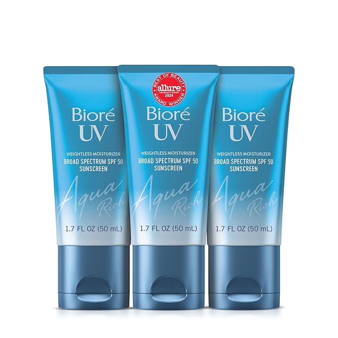 Bioré UV Aqua Rich Daily Hydrating Facial Moisturizer SPF 50 | Oil-Free Sunscreen & Primer for Makeup with Hyaluronic Acid, No White Cast, Non-Comedogenic, For Sensitive Skin, PA++++, 1.7 Oz, 3pck