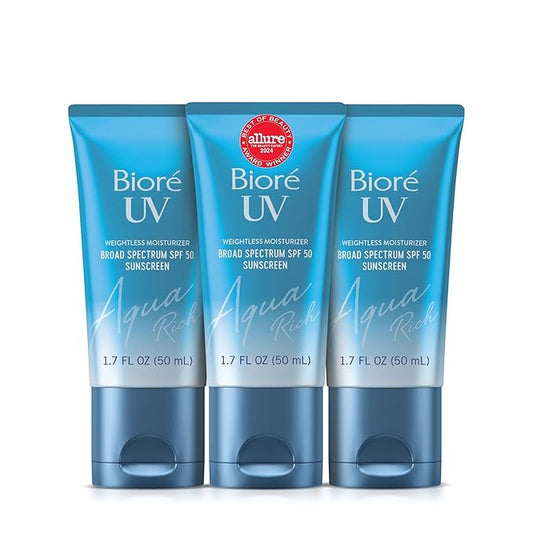 Bioré UV Aqua Rich Daily Hydrating Facial Moisturizer SPF 50 | Oil-Free Sunscreen & Primer for Makeup with Hyaluronic Acid, No White Cast, Non-Comedogenic, For Sensitive Skin, PA++++, 1.7 Oz, 3pck