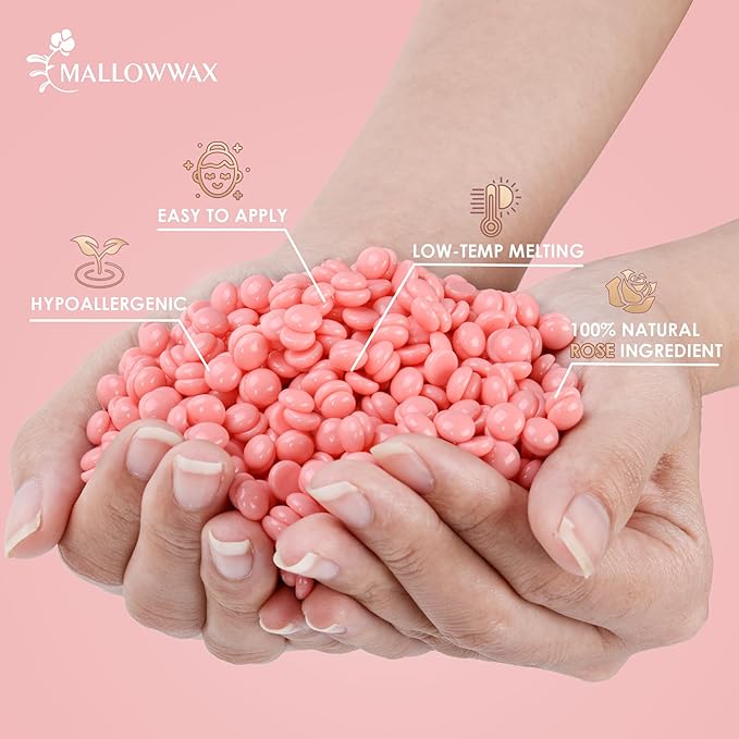 Hard Wax Beads, 1LB Pink Rose Wax Beans for Hair Removal, Waxing Beads Refill for Sensitive Skin, Perfect for Facial, Brazilian, Upper lip, Cheeks and Bikini Waxing at Home for Women Men
