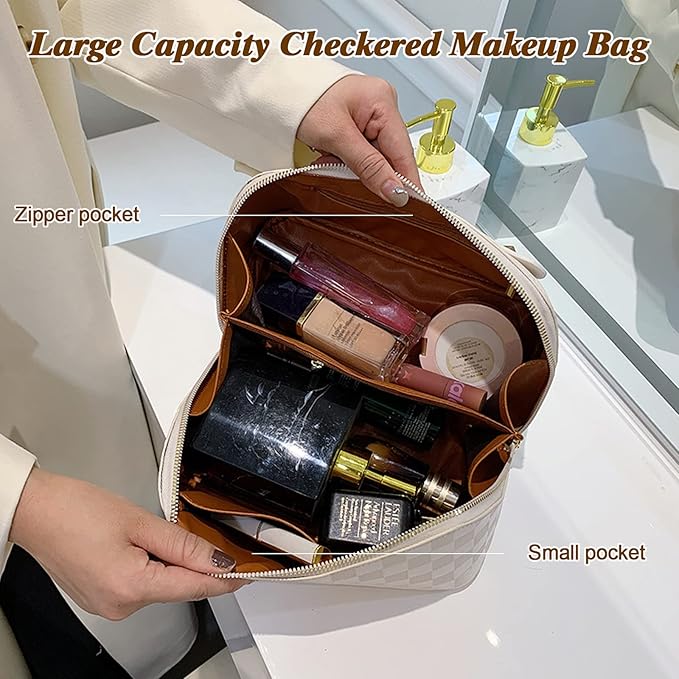 Checkered Travel Cosmetic Bag - Multifunctional Waterproof Large-capacity Makeup Bag with Handle and Divider for Easy Access (White-Checkered)