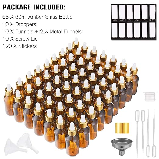 PrettyCare Eye Dropper Bottle 2 oz (63 Pack Amber Glass Bottles 60ml with Golden Caps, 2 Extra Eye Droppers, 120 Labels, 10 Funnel & Measured Pipettes) Empty Tincture Bottles for Essential Oils