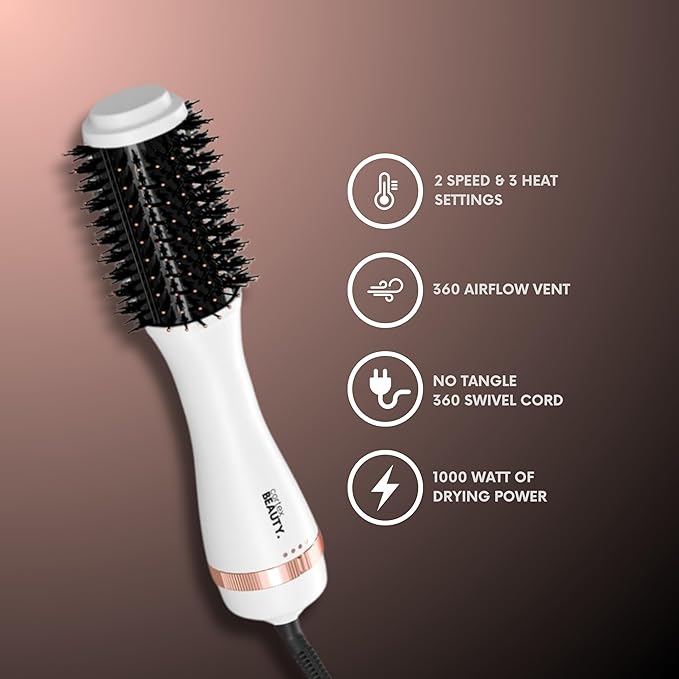 Cortex Beauty Infrared Volumizing Blowout Brush - Blow Dryer, Round Styling Tool for All Hair Types, 2" Barrel with Comb (White Rose Gold)