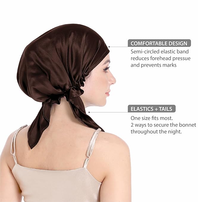 100% Silk Bonnet for Sleeping, Large Silk Sleep Cap with Tie Band for Curly Hair Care - Brown