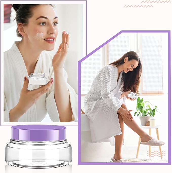 Tessco 24 Pack Plastic Jars with Lids Labels Empty Clear Plastic Jars Round Refillable Cosmetic Containers Body Butter Containers Bulk Sugar Scrub Bottle for Make Up(5 oz,Clear, Purple)