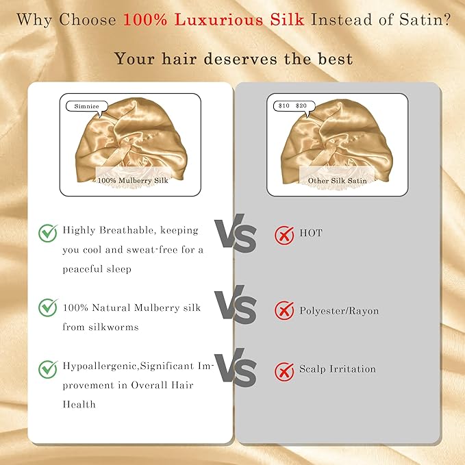 Simnice 100% Mulberry Silk Bonnet for Women Hair Care, Double-Layer Hair Bonnet for Sleeping, Natural Silk Hair Wrap with Elastic Stay On Head,Champagne Gold