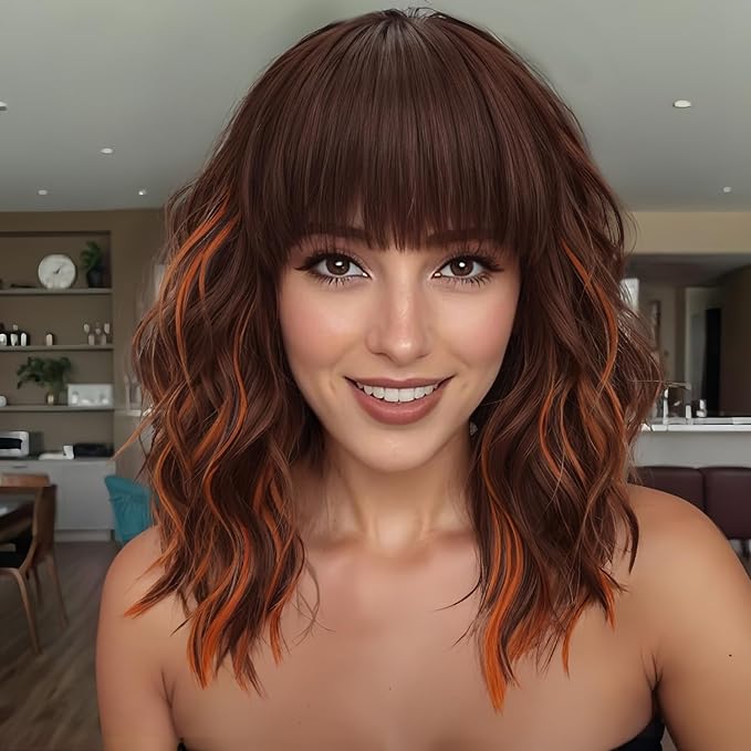 AISI HAIR Ginger and Brown Synthetic Wavy Curly Bob Wig with Bangs Short Wavy Hair for Women Synthetic Heat Resistant Bob Wigs