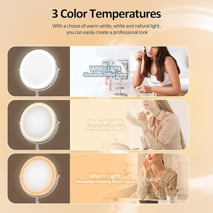 8" Makeup Mirror with Lights, Rechargeable 1x/10x LED Lighted Magnifying Mirror with 3 Colors, 360° Rotation Rechargeable Double Sided Mirror, Touch Dimming, Adjustable Height