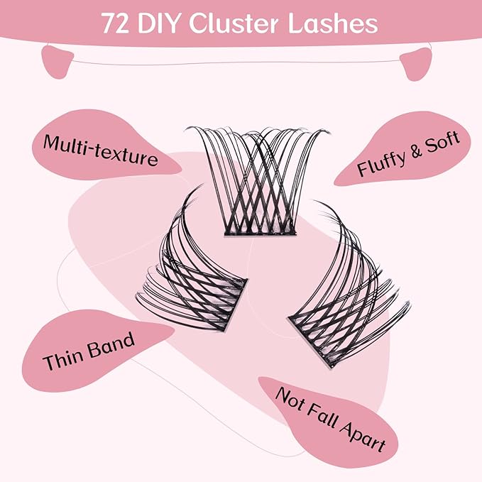 PRO LASHBEAUTY Cluster Lashes, 72 Pcs Individual Lashes, DIY Eyelash Extension, Super Thin Band, Reusable, Black, Lightweight and Durable Vegan Fibers
