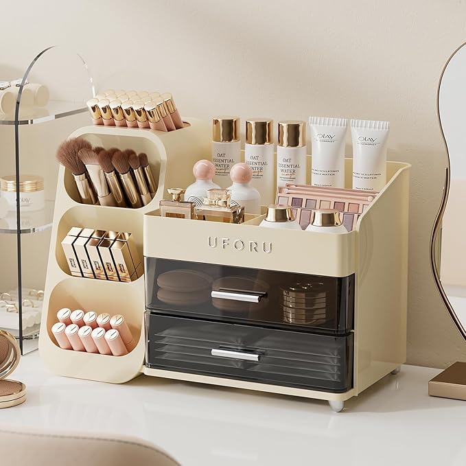 Makeup Organizer for Vanity, Countertop Organizer With Drawers, Spacious Cosmetic Display Case for Beauty Essential, Skincare, Lipstick, Cream White