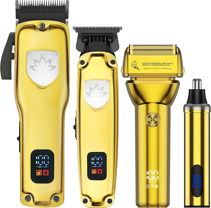Karrte Professional Hair Clippers and Trimmer Set for Men, T-Shaper Trimmer & Foil Shaver, Nose & Ear Hair Trimmer, Cordless Clippers and Grooming Set, Hair Cutting Kit with LED Display Gold