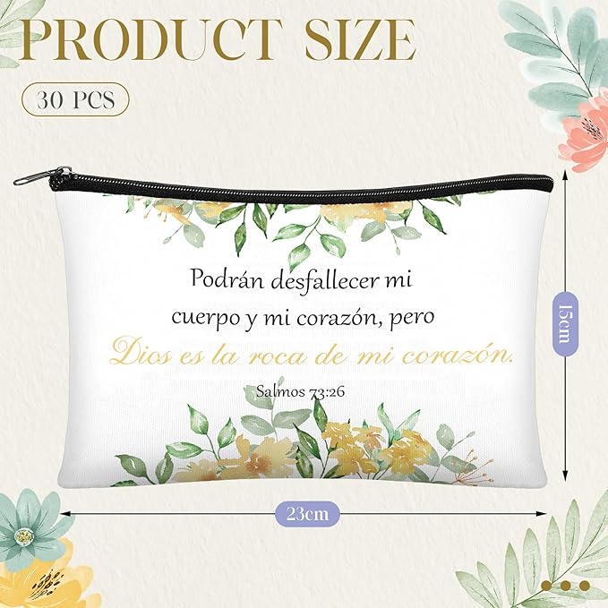 Jetec 30 Pcs Christian Gift for Women Religious Mother's Day Gifts Cosmetic Bags Inspirational Bible Verse Pencil Pouch Makeup Bags with Zipper for Travel Women Mother Sister(Spanish Bright Style)