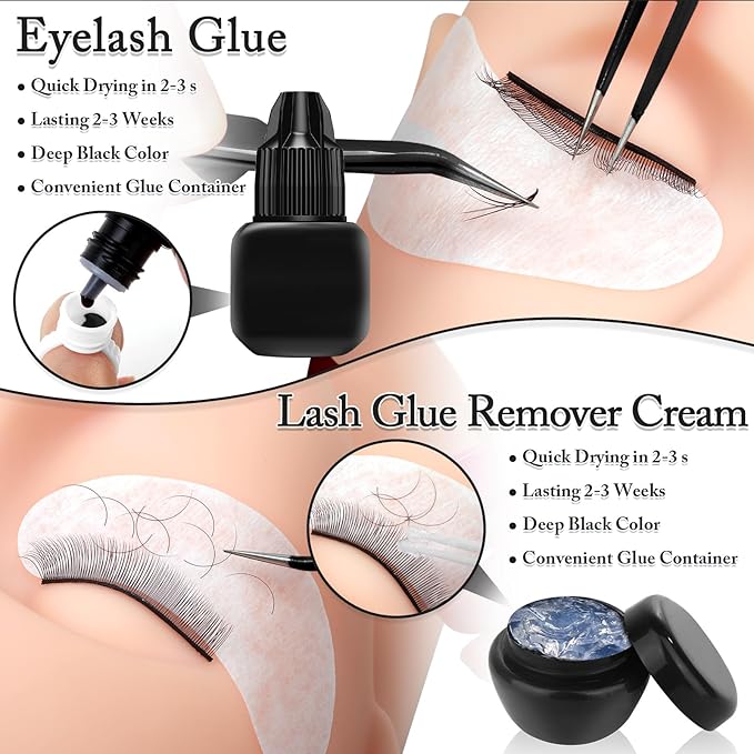 404 Pcs Professional Lash Extension Supplies Kit with Lash Clusters,Lash Fan, Extension Glue,Eyelash Remover,Tweezers, Eyelash Extension Kit for Beginners, Black