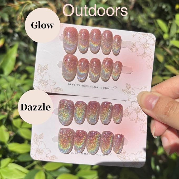 Press on Nails Handmade Nails 3D Press on Nails Short Medium Oval Almond Nails Fake Nails Glitter Cat Eye Nails Gel Nails Durable Reusable False Nails 10 Pcs (Dream Dazzle, S)