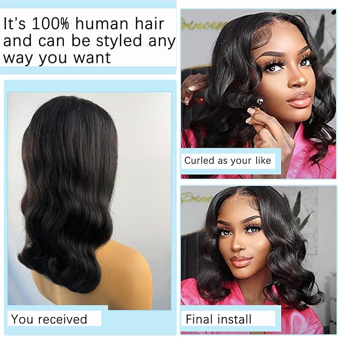 13x4 Bob Lace Front Wigs Human Hair Pre Plucked 200% Density Short Body Wave Bob Wig Human Hair 100% Brazilian Virgin Human Hair Bob Wigs for Black Women Natural Black 10 Inch