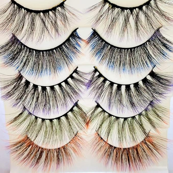 Ombre Colored Silk Protein Fluffy Wispy Volume False Eyelashes for Halloweens, Cosplay, Party & Stage - 5 Pairs (Black, 5 Count)