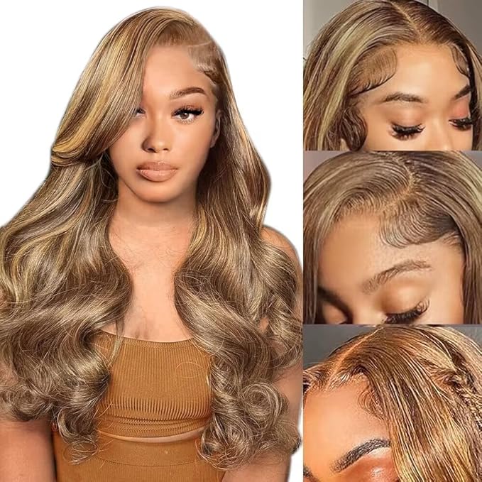 Azkiu Highlight Ombre Lace Front Wig Human Hair 4/27 Honey Blonde lace Frontal Wigs Pre Plucked with Baby Hair 13x4 Colored Body Wave HD Lace Front wig Human Hair Natural Hairline 150% Density18Inch