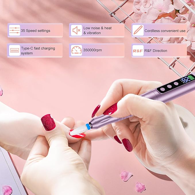 Electric Nail Drill Professional, Electric Nail File, 35000RPM Cordless Nail Drill, Portable Nail File Machine for Acrylic and Gel Nail with Manicure and Polishing Tool Set
