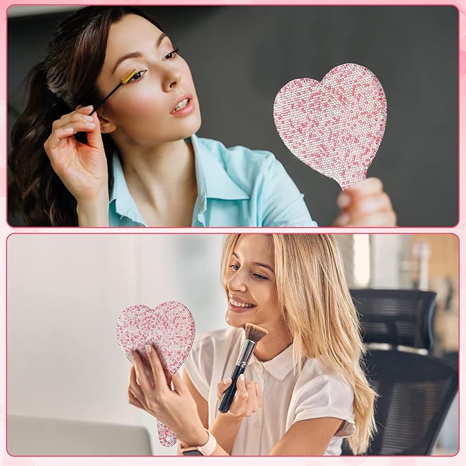 Sintuff 2 Pcs 8.85 Inch Bling Rhinestone Handheld Mirror Dazzling Adorable Heart Shaped with Handle Decorative Cosmetic Glitter Makeup Hand Mirror for Women Girls Bride Wedding Gifts(Pink)