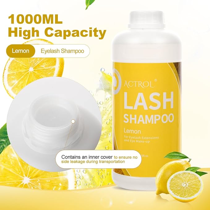 Eyelash Extension Cleanser Lemon 1L Natural Lash Extension Shampoo Professional Eyelid Foaming Cleanser Paraben & Sulfate Free Non-lrritating with Salon and Home Care