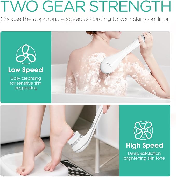 VOYOR Electric Body Brush Back Scrubber for Shower Rechargeable Exfoliating Bath Brush Powered Shower Brush with Non-Slip Long Handle Deep Cleansing, Exfoliation, Massaging Spin Brush BC100 (Gery)