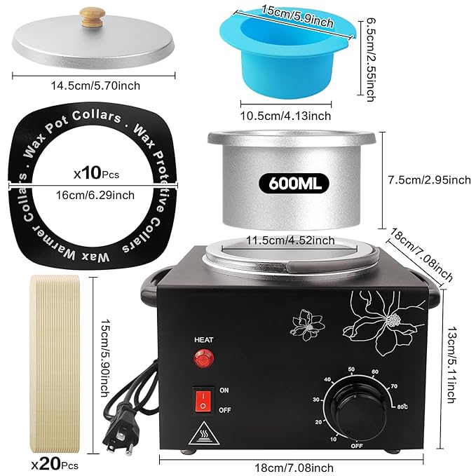 600ML Wax Warmer Machine for Hair Removal - Professional Electric Wax Heater with Adjustable Temperature, Silicone Bowl, and 20 Wooden Wax Sticks for Women and Men