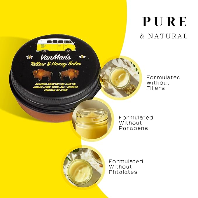 Vanman’s - Tiny Bison Tallow and Honey Balm - Grass-Fed/Finished Bison Tallow and Manuka Honey Cream with Royal Jelly, Essential Oils - Cream for Dry, Delicate Skin - Bison Tallow Skin Care - 0.25 oz