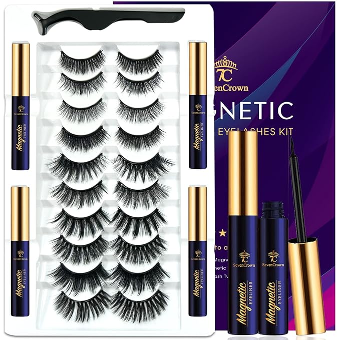 3D Magnetic Eyelashes Natural Look- Mix 10 Pairs Magnetic Lashes with Eyeliner,Upgraded Long Lasting,Reusable 5 Magnet False Eyelashes with Applicator Tool Easy to Apply.Cruelty-Free