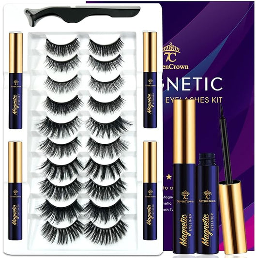 3D Magnetic Eyelashes Natural Look- Mix 10 Pairs Magnetic Lashes with Eyeliner,Upgraded Long Lasting,Reusable 5 Magnet False Eyelashes with Applicator Tool Easy to Apply.Cruelty-Free