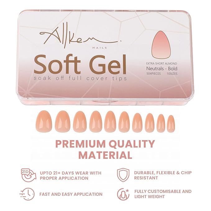 Allkem Soft Gel Nail Tips - Medium Long Square Nail Extensions Kit - 12 Sizes Long Full Cover Nails - Nude (504 Pieces)
