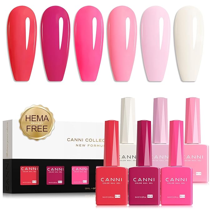 CANNI Pink Gel Nail Polish Set 6 Colors, Hot Pink Light Bright Pink Magenta Tones Craze Nail Art Design at Home DIY Soak off UV LED Manicure French Nail Salon