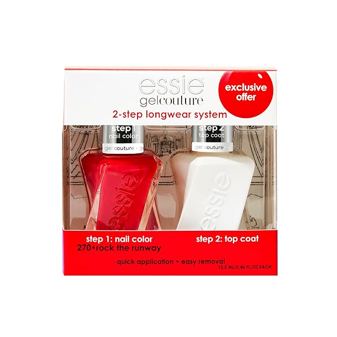 Essie Gel Couture Longwear Nail Polish + Top Coat Kit, Scarlet Red Nail Polish, Rock The Runway + Top Coat, Gifts For Women And Men, 0.46Oz Each