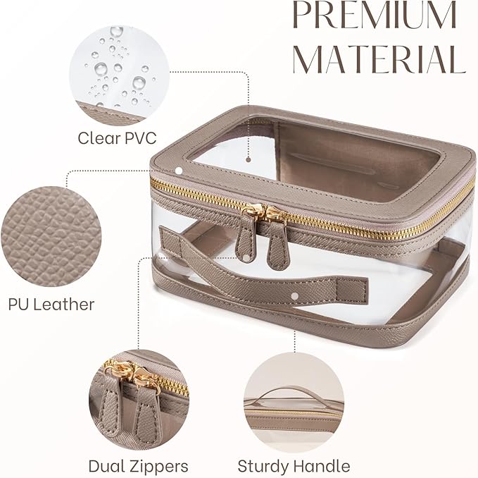 Clear Cosmetic Bag Set for Women Makeup Bag with Handle, TSA Travel Toiletry Bag Transparent Cosmetic Case Portable Make Up Organizer Bag for Essentials (Stone, Mini+S)