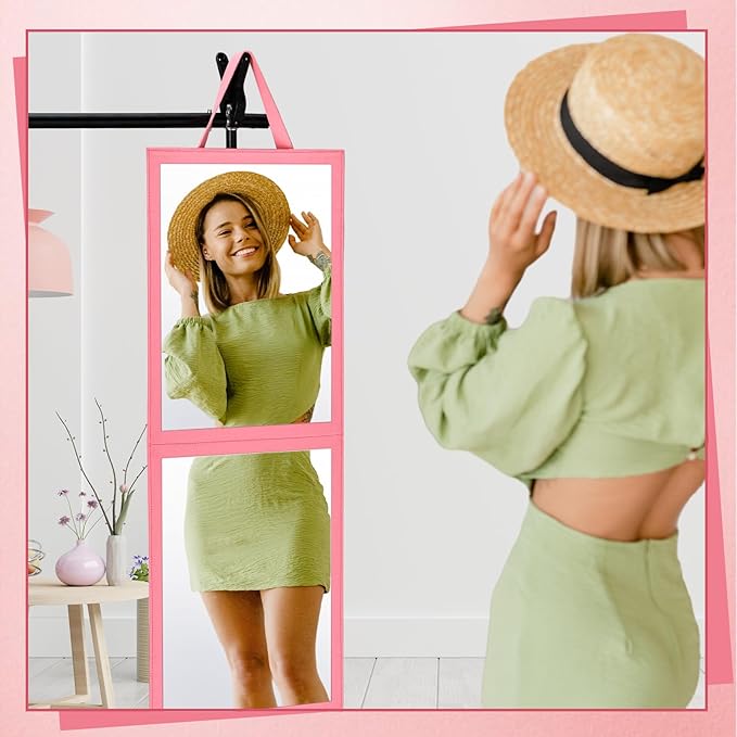 Travel Hanging Mirror 33.5 x 13.4 Inch Dance Bag Mirror Backstage Foldable Hanging Christmas for Gifts Dance Bag Dancers Artists Aestheticians Home Spa Events(Pink)